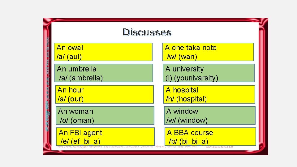 Discusses An owal /a/ (aul) A one taka note /w/ (wan) An umbrella /a/