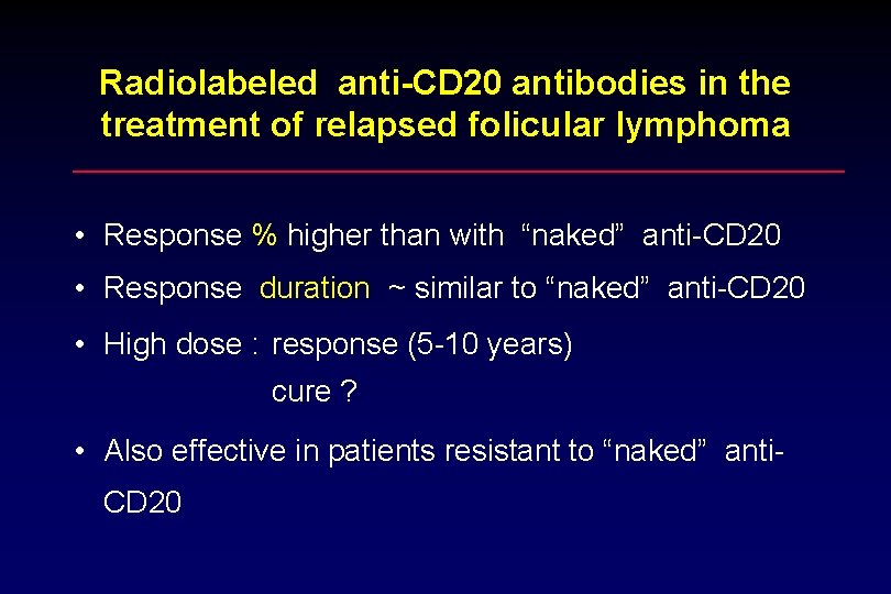Radiolabeled anti-CD 20 antibodies in the treatment of relapsed folicular lymphoma • Response %