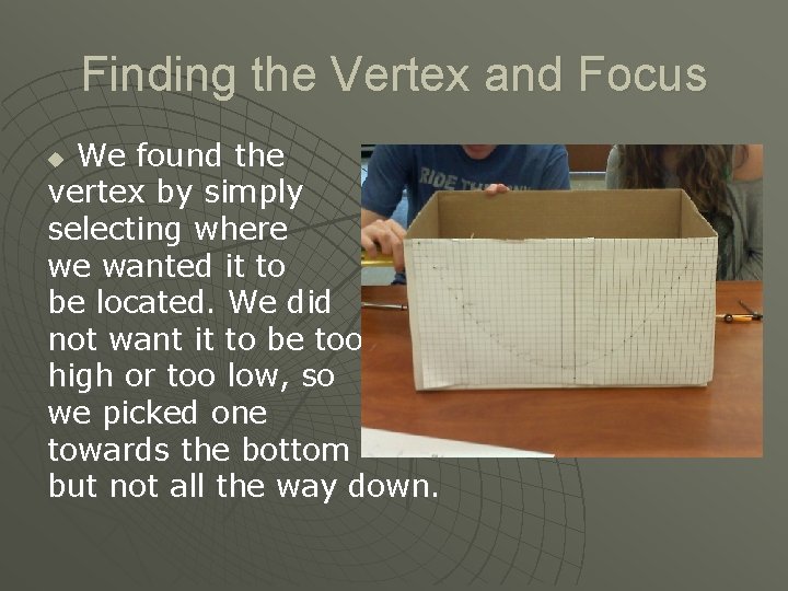 Finding the Vertex and Focus We found the vertex by simply selecting where we
