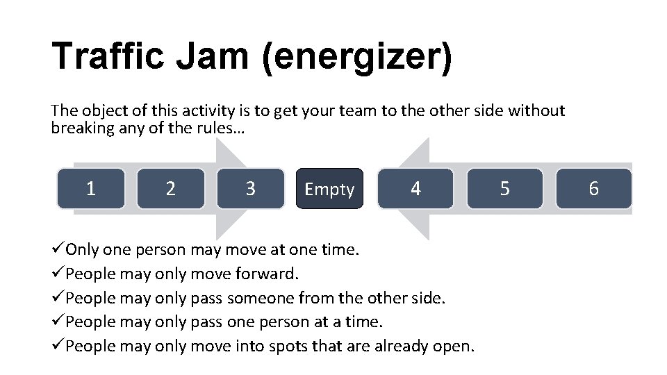 Traffic Jam (energizer) The object of this activity is to get your team to Traffic Jam (energizer) The object of this activity is to get your team to
