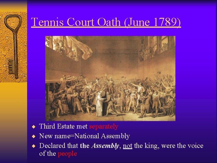 Tennis Court Oath (June 1789) ¨ Third Estate met separately ¨ New name=National Assembly