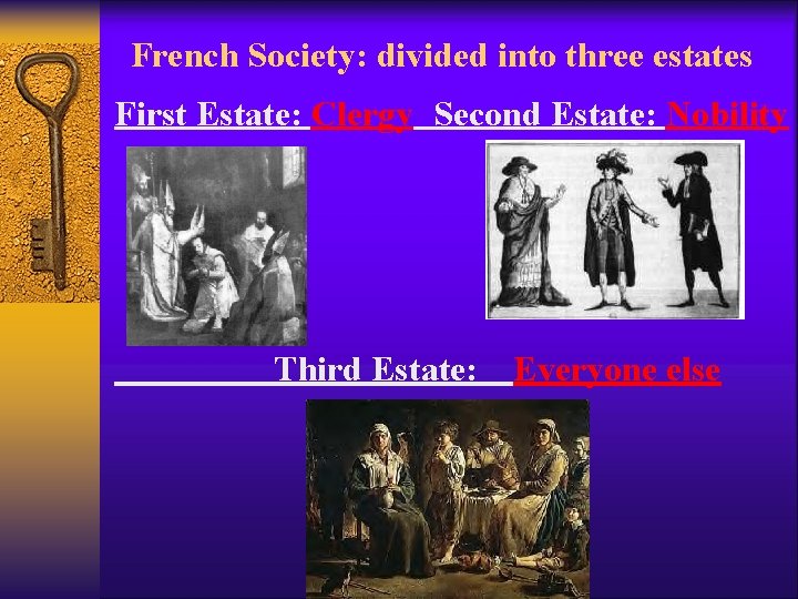 French Society: divided into three estates First Estate: Clergy Second Estate: Nobility Third Estate: