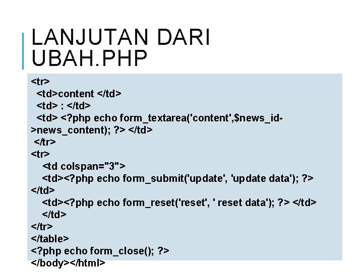 LANJUTAN DARI UBAH. PHP <tr> <td>content </td> <td> : </td> <? php echo form_textarea('content',