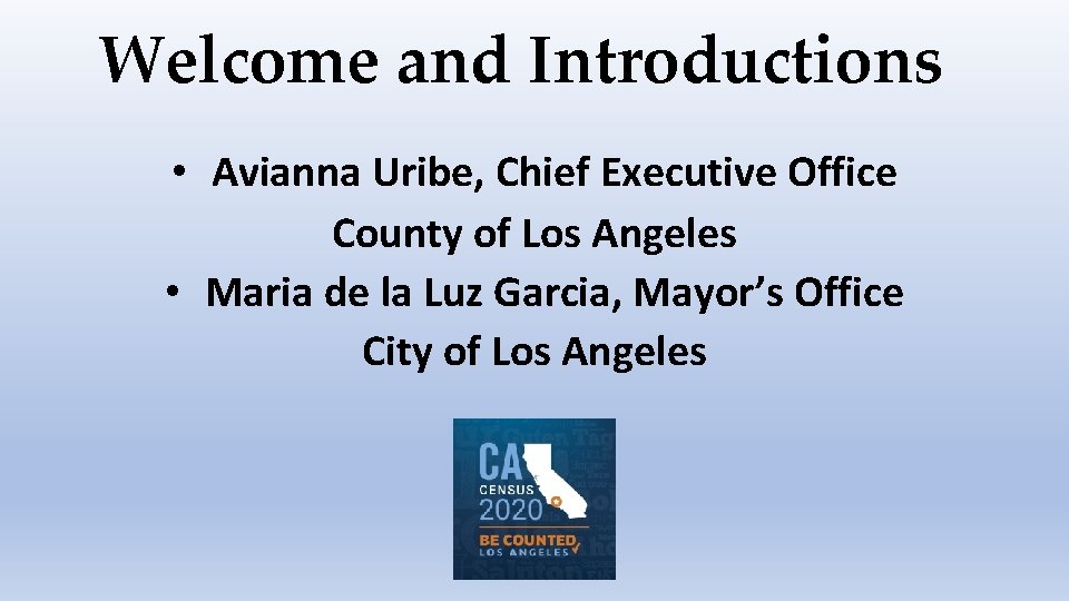 Welcome and Introductions • Avianna Uribe, Chief Executive Office County of Los Angeles •