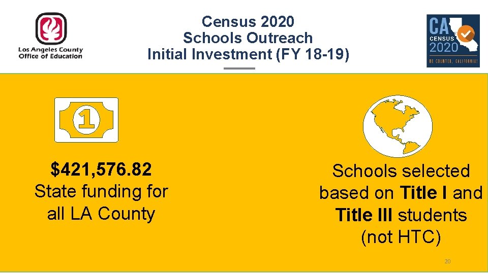 Census 2020 Schools Outreach Initial Investment (FY 18 -19) $421, 576. 82 State funding