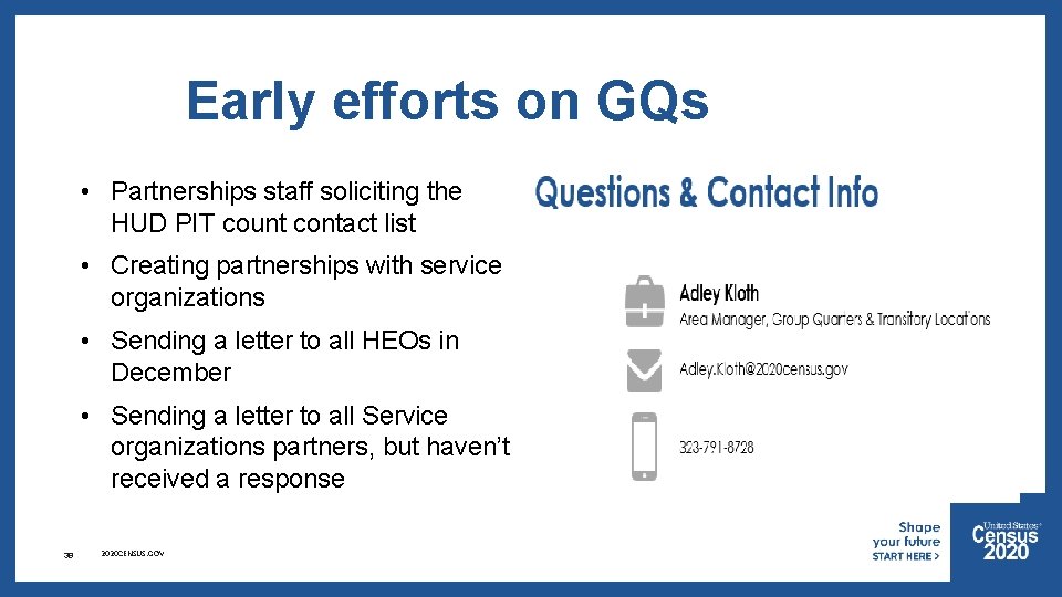 Early efforts on GQs • Partnerships staff soliciting the HUD PIT count contact list