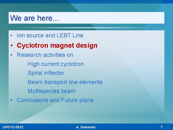 We are here. . . • Ion source and LEBT Line • Cyclotron magnet