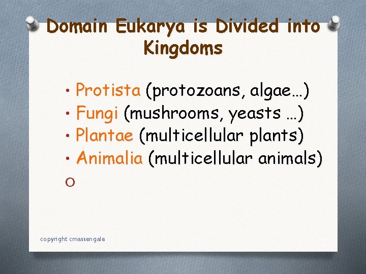 Domain Eukarya is Divided into Kingdoms • Protista (protozoans, algae…) • Fungi (mushrooms, yeasts