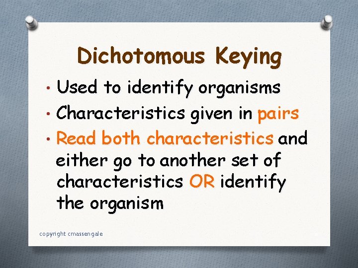 Dichotomous Keying • Used to identify organisms • Characteristics given in pairs • Read