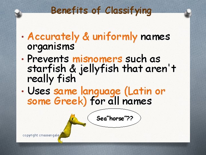 Benefits of Classifying • Accurately & uniformly names organisms • Prevents misnomers such as