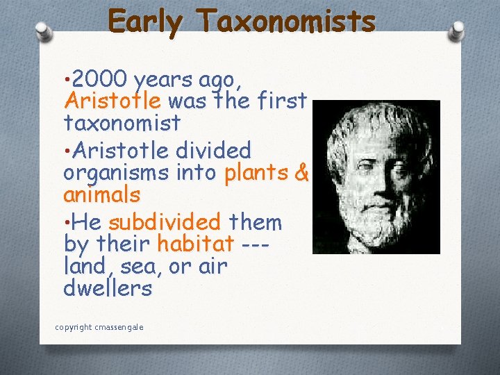 Early Taxonomists • 2000 years ago, Aristotle was the first taxonomist • Aristotle divided