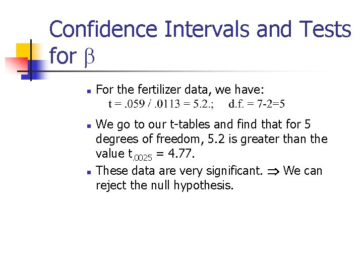 Confidence Intervals and Tests for b n n n For the fertilizer data, we