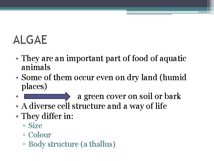 ALGAE • They are an important part of food of aquatic animals • Some