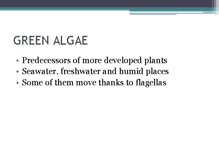 GREEN ALGAE • Predecessors of more developed plants • Seawater, freshwater and humid places