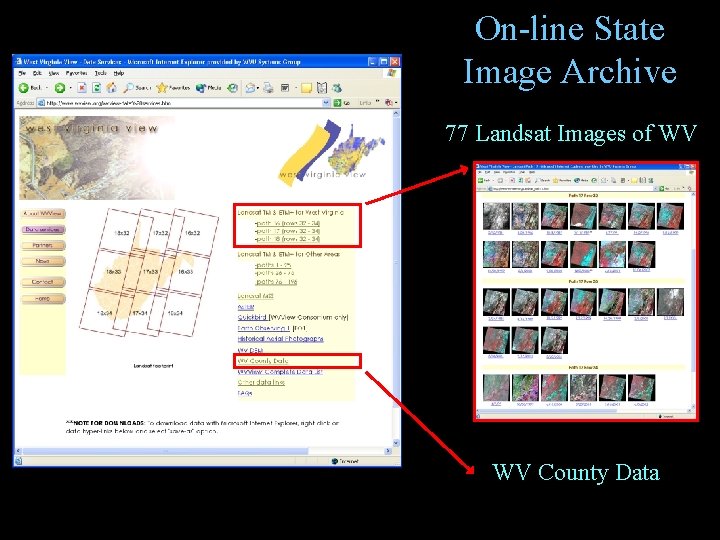 On-line State Image Archive 77 Landsat Images of WV WV County Data 