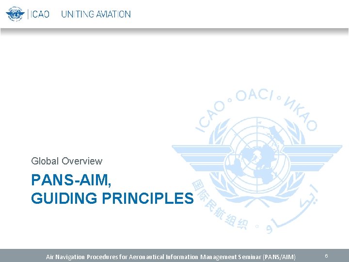 Global Overview PANS-AIM, GUIDING PRINCIPLES Air Navigation Procedures for Aeronautical Information Management Seminar (PANS/AIM) Global Overview PANS-AIM, GUIDING PRINCIPLES Air Navigation Procedures for Aeronautical Information Management Seminar (PANS/AIM)