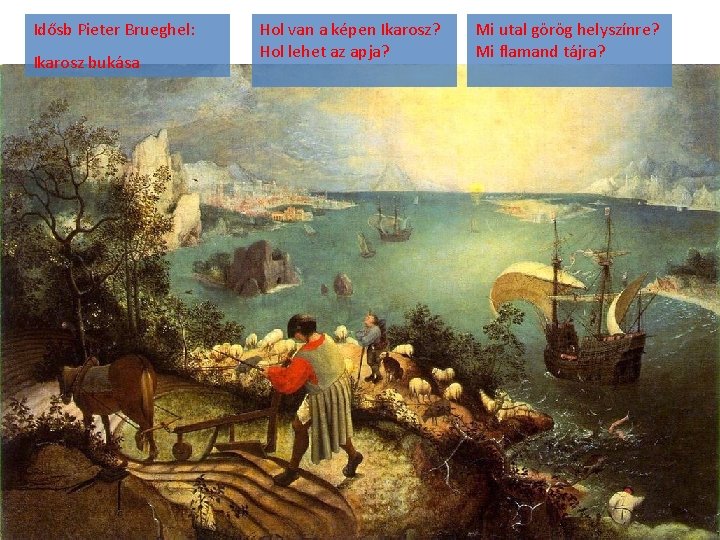 Idősb Pieter Brueghel: Ikarosz bukása Hol van a képen Ikarosz? Hol lehet az apja?