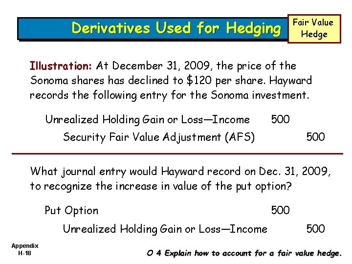 Derivatives Used for Hedging Fair Value Hedge Illustration: At December 31, 2009, the price