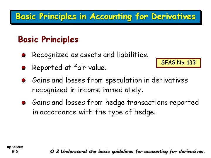 Basic Principles in Accounting for Derivatives Basic Principles Recognized as assets and liabilities. Reported