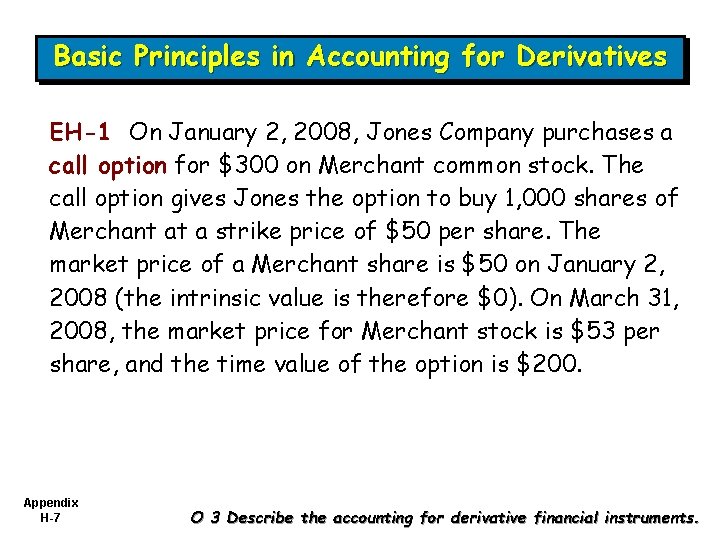 Basic Principles in Accounting for Derivatives EH-1 On January 2, 2008, Jones Company purchases