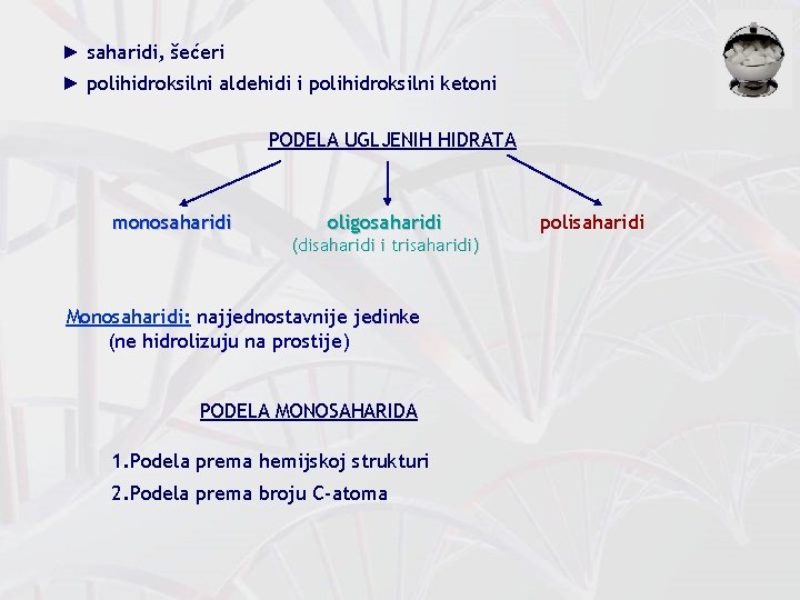 ► saharidi, šećeri ► polihidroksilni aldehidi i polihidroksilni ketoni PODELA UGLJENIH HIDRATA monosaharidi oligosaharidi