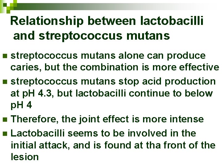 Relationship between lactobacilli and streptococcus mutans alone can produce caries, but the combination is