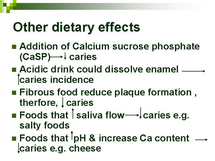 Other dietary effects Addition of Calcium sucrose phosphate (Ca. SP) caries n Acidic drink