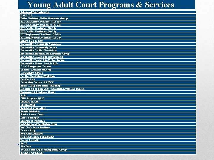 Young Adult Court Programs & Services Advanced Psychotherapy B. O. L. T. S. Better