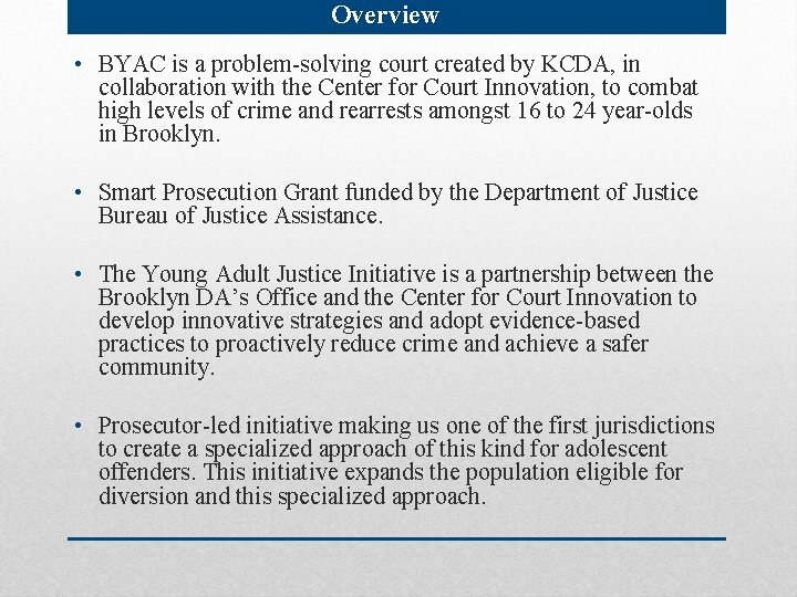 Overview • BYAC is a problem-solving court created by KCDA, in collaboration with the