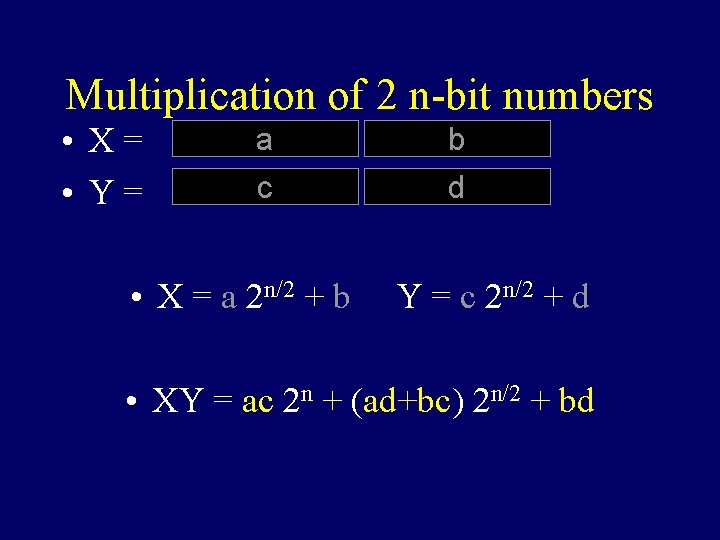 Multiplication of 2 n-bit numbers • X= • Y= a b c d •