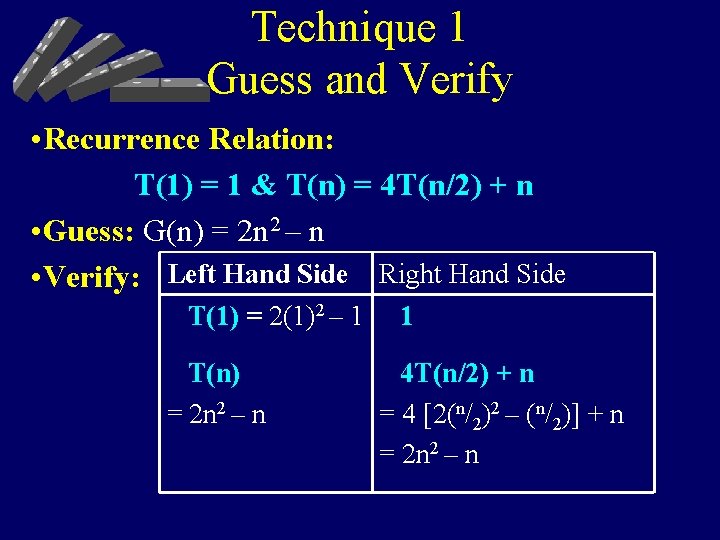 Technique 1 Guess and Verify • Recurrence Relation: T(1) = 1 & T(n) =
