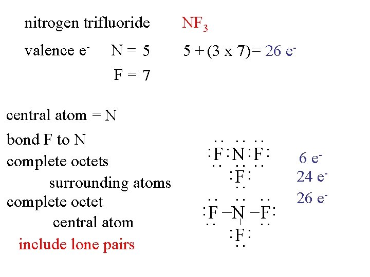 nitrogen trifluoride NF 3 valence e- 5 + (3 x 7)= 26 e- N=