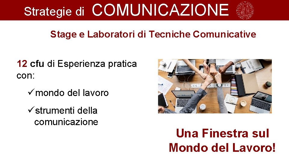 Strategie di COMUNICAZIONE Stage e Laboratori di Tecniche Comunicative 12 cfu di Esperienza pratica