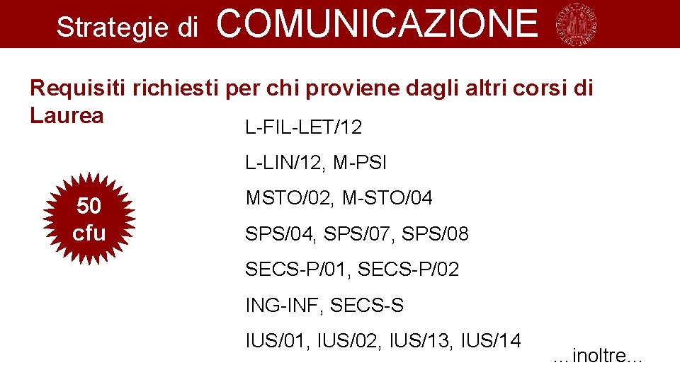 Strategie di COMUNICAZIONE Requisiti richiesti per chi proviene dagli altri corsi di Laurea L-FIL-LET/12