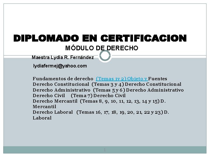 MÓDULO DE DERECHO Maestra Lydia R. Fernández lydiafermej@yahoo. com Fundamentos de derecho (Temas 1