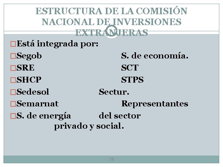 ESTRUCTURA DE LA COMISIÓN NACIONAL DE INVERSIONES EXTRANJERAS �Está integrada por: �Segob S. de