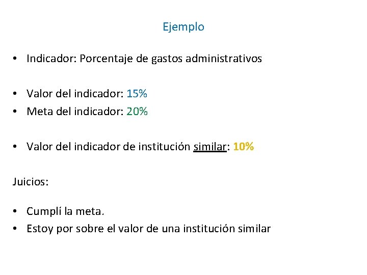 Ejemplo • Indicador: Porcentaje de gastos administrativos • Valor del indicador: 15% • Meta Ejemplo • Indicador: Porcentaje de gastos administrativos • Valor del indicador: 15% • Meta