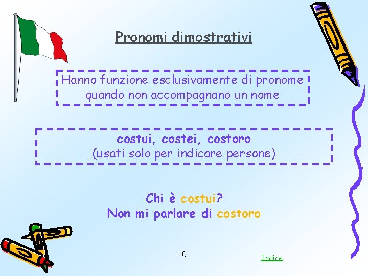 Pronomi dimostrativi Hanno funzione esclusivamente di pronome quando non accompagnano un nome costui, costei,