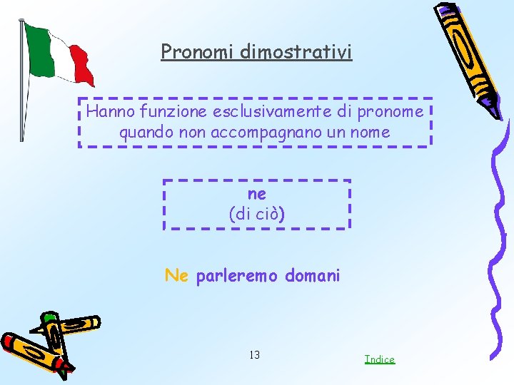 Pronomi dimostrativi Hanno funzione esclusivamente di pronome quando non accompagnano un nome ne (di