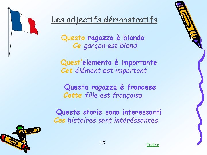 Les adjectifs démonstratifs Questo ragazzo è biondo Ce garçon est blond Quest’elemento è importante