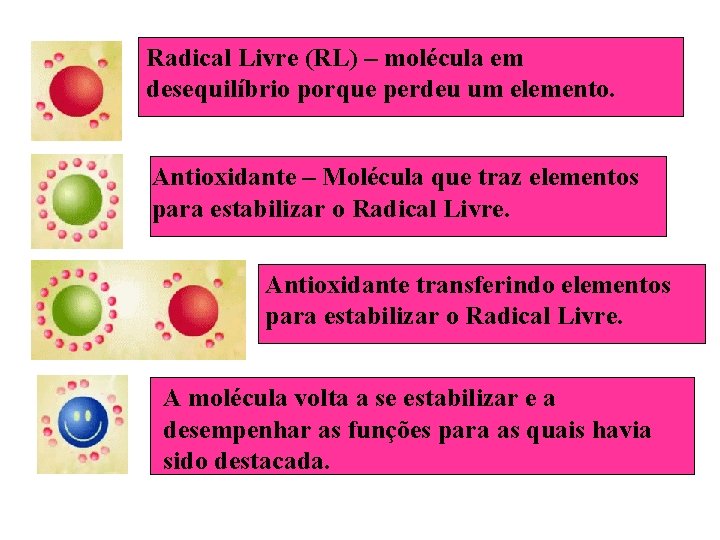 Radical Livre (RL) – molécula em desequilíbrio porque perdeu um elemento. Antioxidante – Molécula