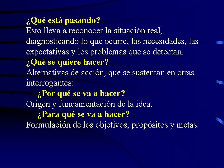 ¿Qué está pasando? Esto lleva a reconocer la situación real, diagnosticando lo que ocurre,