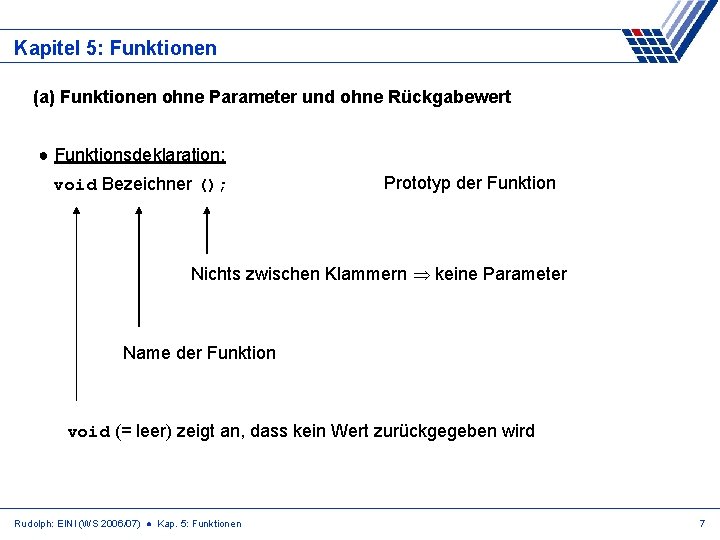 Kapitel 5: Funktionen (a) Funktionen ohne Parameter und ohne Rückgabewert ● Funktionsdeklaration: void Bezeichner