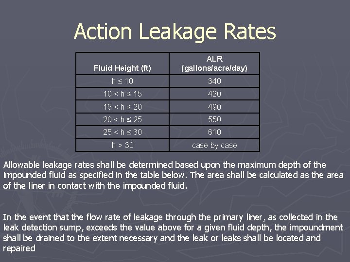 Action Leakage Rates Fluid Height (ft) ALR (gallons/acre/day) h ≤ 10 340 10 <