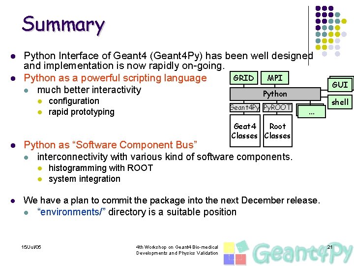 Summary l l Python Interface of Geant 4 (Geant 4 Py) has been well