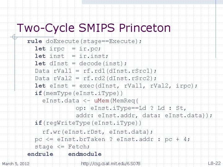 Two-Cycle SMIPS Princeton rule do. Execute(stage==Execute); let irpc = ir. pc; let inst =