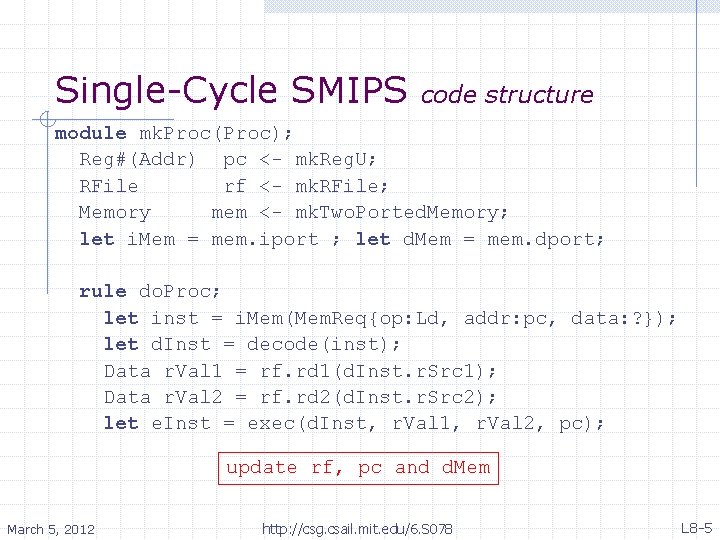 Single-Cycle SMIPS code structure module mk. Proc(Proc); Reg#(Addr) pc <- mk. Reg. U; RFile