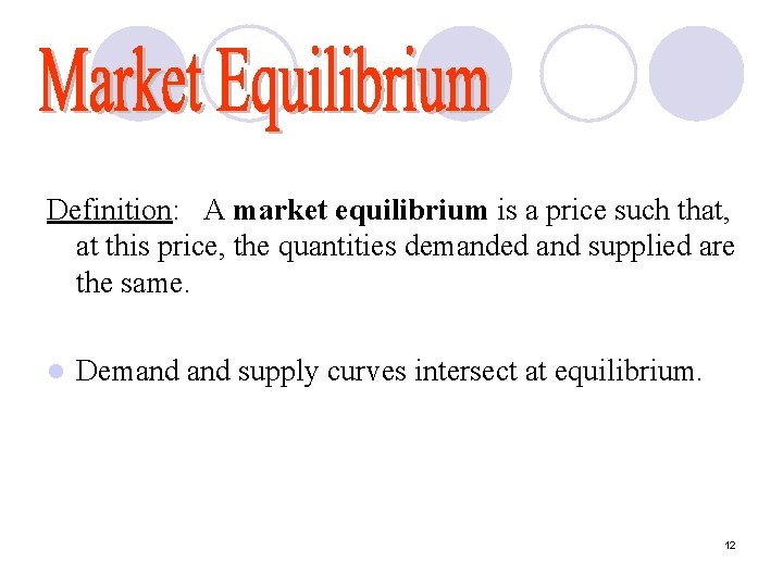 Definition: A market equilibrium is a price such that, at this price, the quantities