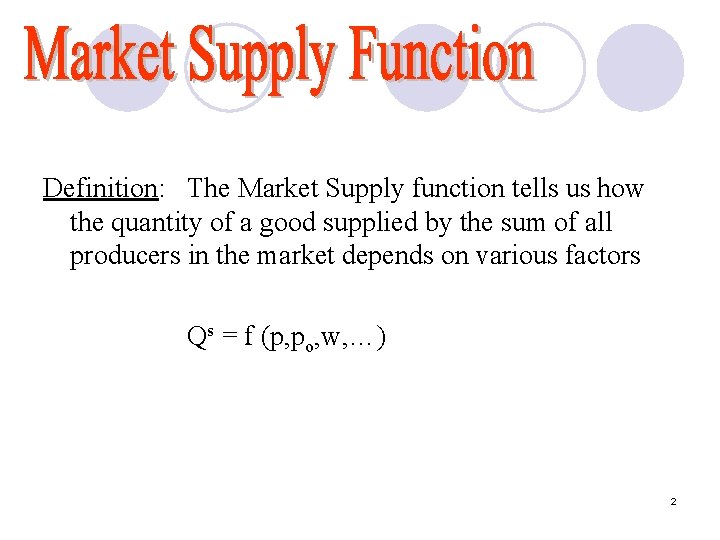 Definition: The Market Supply function tells us how the quantity of a good supplied