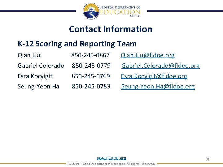 Contact Information K-12 Scoring and Reporting Team Qian Liu: 850 -245 -0867 Qian. Liu@fldoe. Contact Information K-12 Scoring and Reporting Team Qian Liu: 850 -245 -0867 Qian. Liu@fldoe.